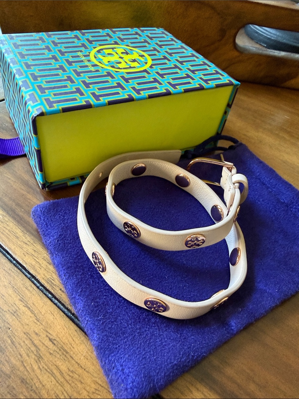 Tory Burch Double Wrap Leather Logo Stud Bracelet with pouch and gift box